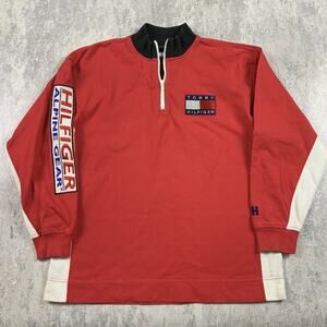 Vintage Tommy Hilfiger Shirt Men Large Red 1/4 Zip Alpine Gear Rugby Rosie Perez